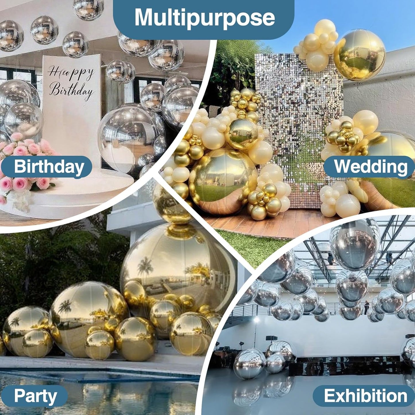 3PCS Silver Inflatable Mirror Ball, Big Shinny Balls Reusable Large PVC Disco Ball Balloon for Large Event Decoration, Party, Concerts, Stage, Wedding Decor, Without Air Pump