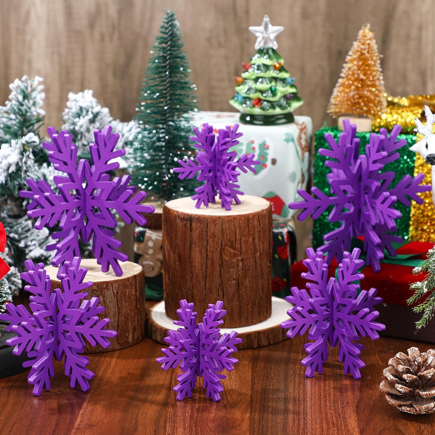 Bucherry 12 Pcs Wooden Snowflake Table Decor 3D Snowflake Tabletop Signs and Centerpiece for Christmas Xmas Winter Wonderland Decorations Home Party(Purple)