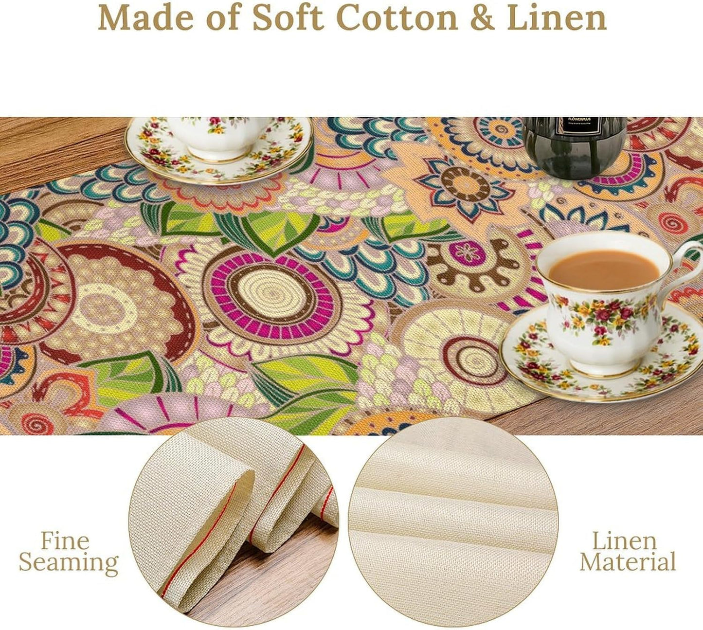 Boho Floral Table Runner,Retro Bohemian Flower Table Runner for Kitchen Dining Table Home Party Decoration 13x108 Inch