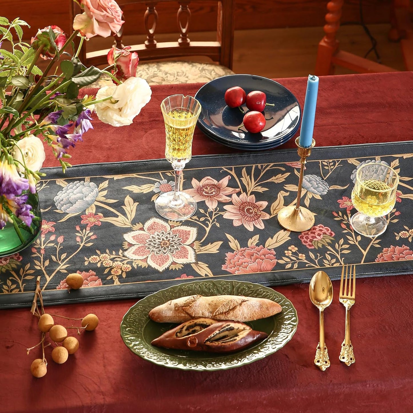 patdrea Designer Vintage Black Floral Extra Long Velvet Table Runner 118 Inch Long,Pink Khaki Bouquets Pattern Table Mat,Decor for Kitchen Dining Coffee Table Cabinet Banquet Thanksgiving,12"*118"
