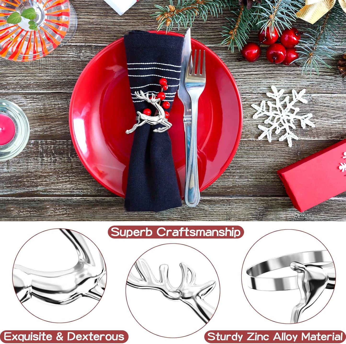 ZeeDix Silver Reindeer Christmas Napkin Rings Set of 24, Napkin Holder Ring for Christmas Dinner Table Decor Cloth Napkins, Wedding Receptions, Holiday Party, Banquet and Home Kitchen