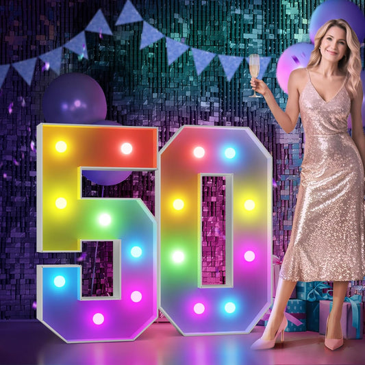 Marquee Numbers 50th-Birthday Decoration: Colorful 3FT Large Light Up 50 Year Old Birthday Decorations Anniversary Backdrop for Boys Girls Cardboard Sign 18 Colors Number 50 Mosaic Balloon Frame