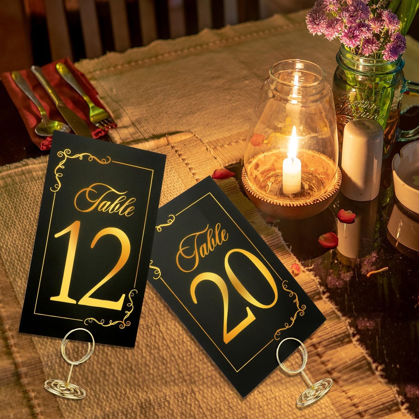 Wedding Table Numbers 1-40 and Head Table Card, Black Gold Cards with 41 Gold TableNumber Holders for Wedding Reception