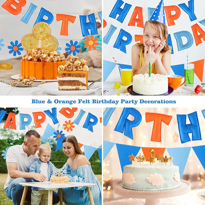 Felt Birthday Decorations, NO DIY, Pre-Strung 3D Felt Happy Birthday Banner with Fabric Flower Garland, Colorful Triangle Flags, Birthday Party Decorations for Women Men Boys Girls (BlueOrange)
