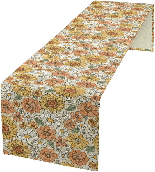Vintage Floral Table Runner,Boho 70s Style Retro Daisies Flower Table Runner for Kitchen Dining Table Home Party Decoration 13x36 Inch