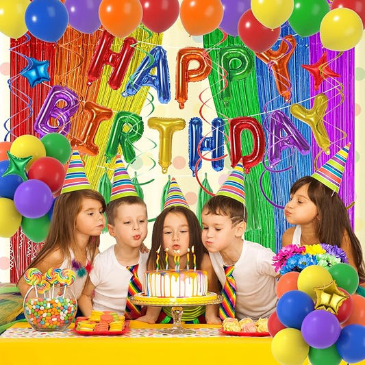 Colorful Rainbow Birthday Decorations with Assorted Color Happy Birthday Banner Rainbow Balloons, Star Foil Balloon, Tassel Swirls & 2Pcs Fringe Curtains