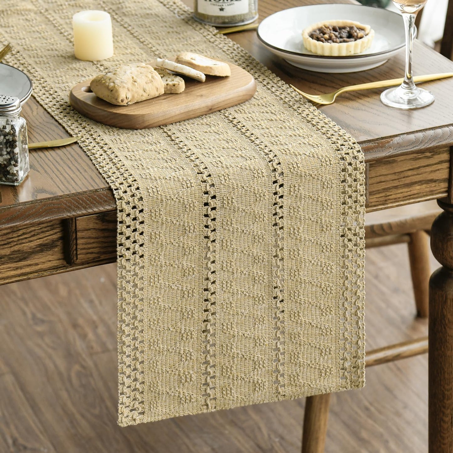 Artoid Mode Burlap Brown Farmhouse Woven Rustic Hollow Table Runner, Seasonal Holiday Hollow Kitchen Dining Table Decoration for Home Party Decor 12x90 Inch