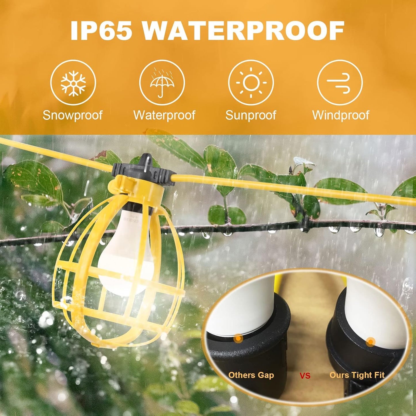 100FT Construction String Lights, 100W 11 Bulbs Work Lights with E26 Base, Construction Lights IP65 Waterproof, 8000LM 6500K Temporary Lighting for indoor Workshop, Mine cave, Job Site