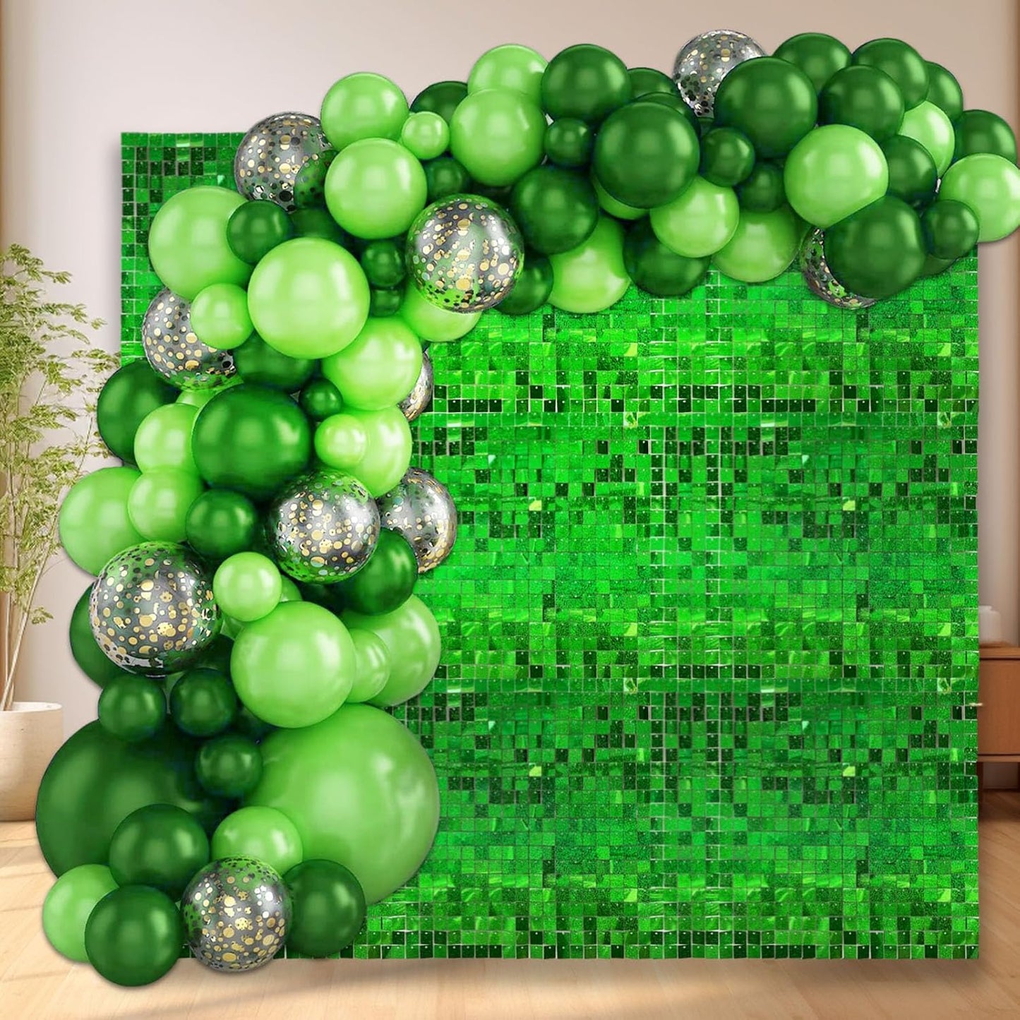 24PCS Green Shimmer Wall Backdrop, Laser Square Sequin Photo Backdrops Panel, Glitter Wall Background for Birthdays, Weddings, Christmas, Engagements, Disco Bachelorette Party Decoration (4FTx6FT)
