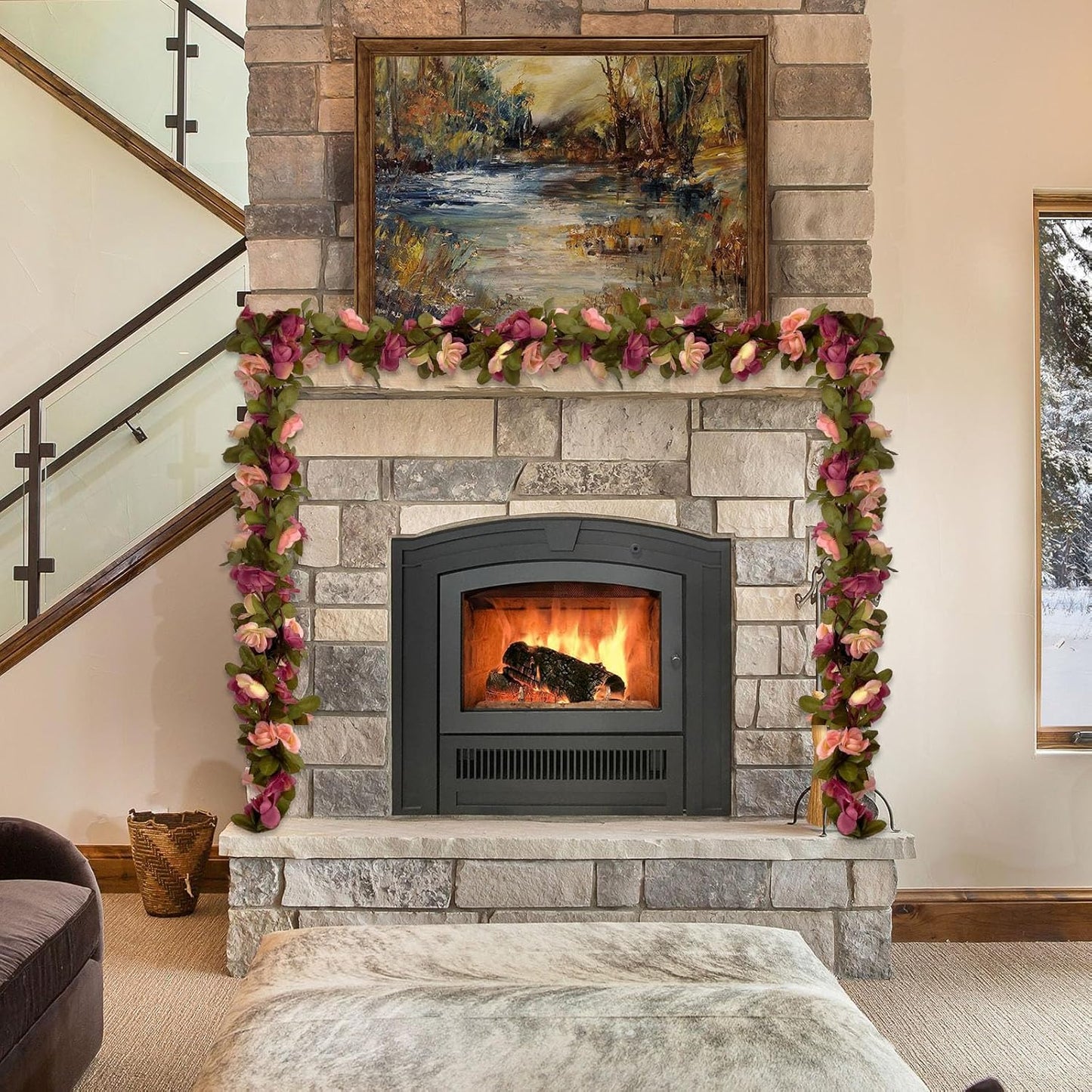 8Pcs 63Ft Dark Pink&Yellow Fake Rose Hanging Flowers, Artificial Flower Vine, Hanging Floral Vine Garland for Wedding, Wall Arch, Halloween, Christmas Garden Backdrop Decor