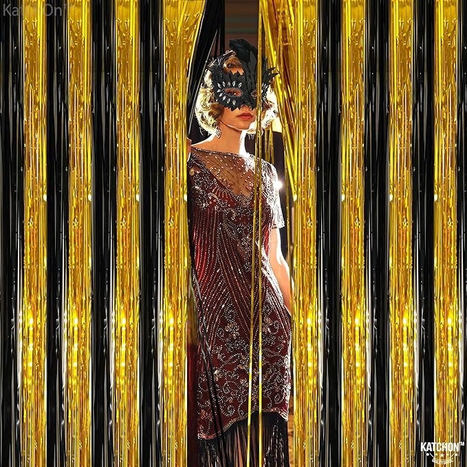 KatchOn, XtraLarge Black and Gold Streamers - 3.2x8 Feet, Pack of 2 | Fringe Curtain for New Years Decorations 2026 | New Years Streamers | Fringe Curtain for Black and Gold Party Decorations 2026