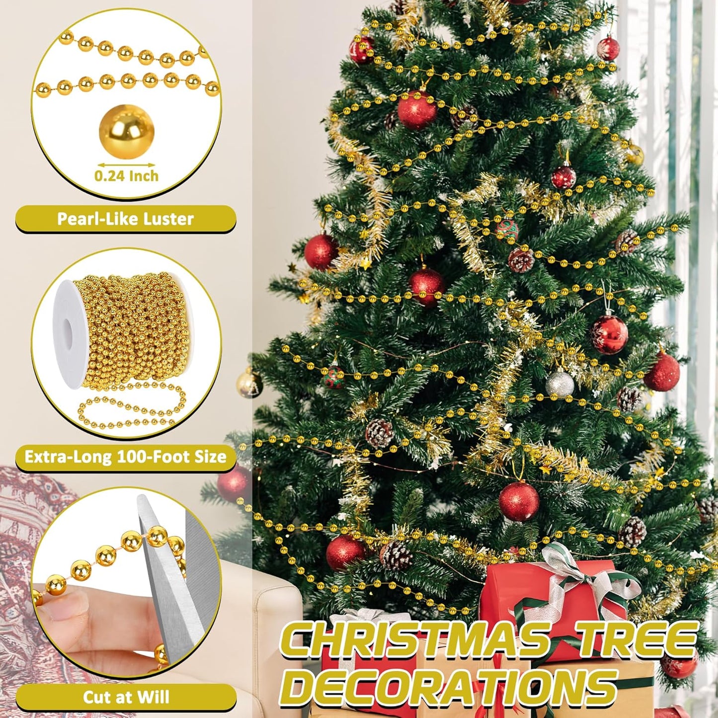 100 Feet Christmas Tree Beads, Christmas Tree Garland Decoration, Plastic Hanging Beads Garland Chain Roll for Xmas Home Mantle Fireplace Wreath Xmas Tree DIY Decoration Supplies