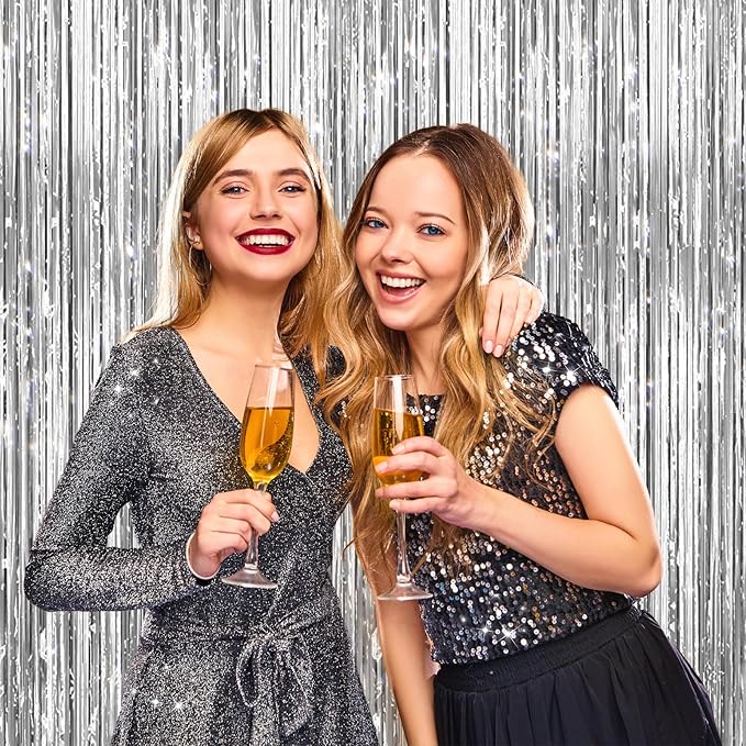 2 Pack Silver Metallic Tinsel Foil Fringe Curtains, Door Streamers Photo Booth Backdrop for Birthday Party, Tinsel Curtain Backdrop for Baby Shower Bachelorette Christmas Party Decorations