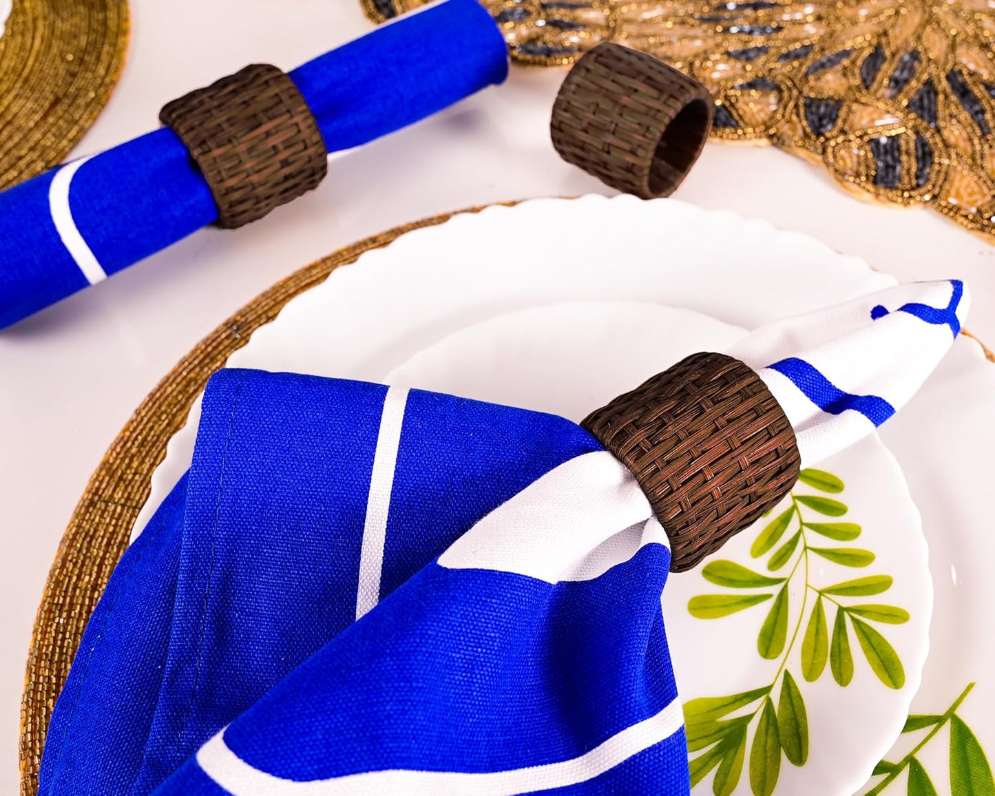 Woven Napkin Rings Set of 12, Handmade Cane Fall Napkin Rings Holders, Natural Napkin Buckles Holder Bulk for Farmhouse Wedding Thanksgiving Xmas Easter Table Décor (Brown) - CLEENTABLE