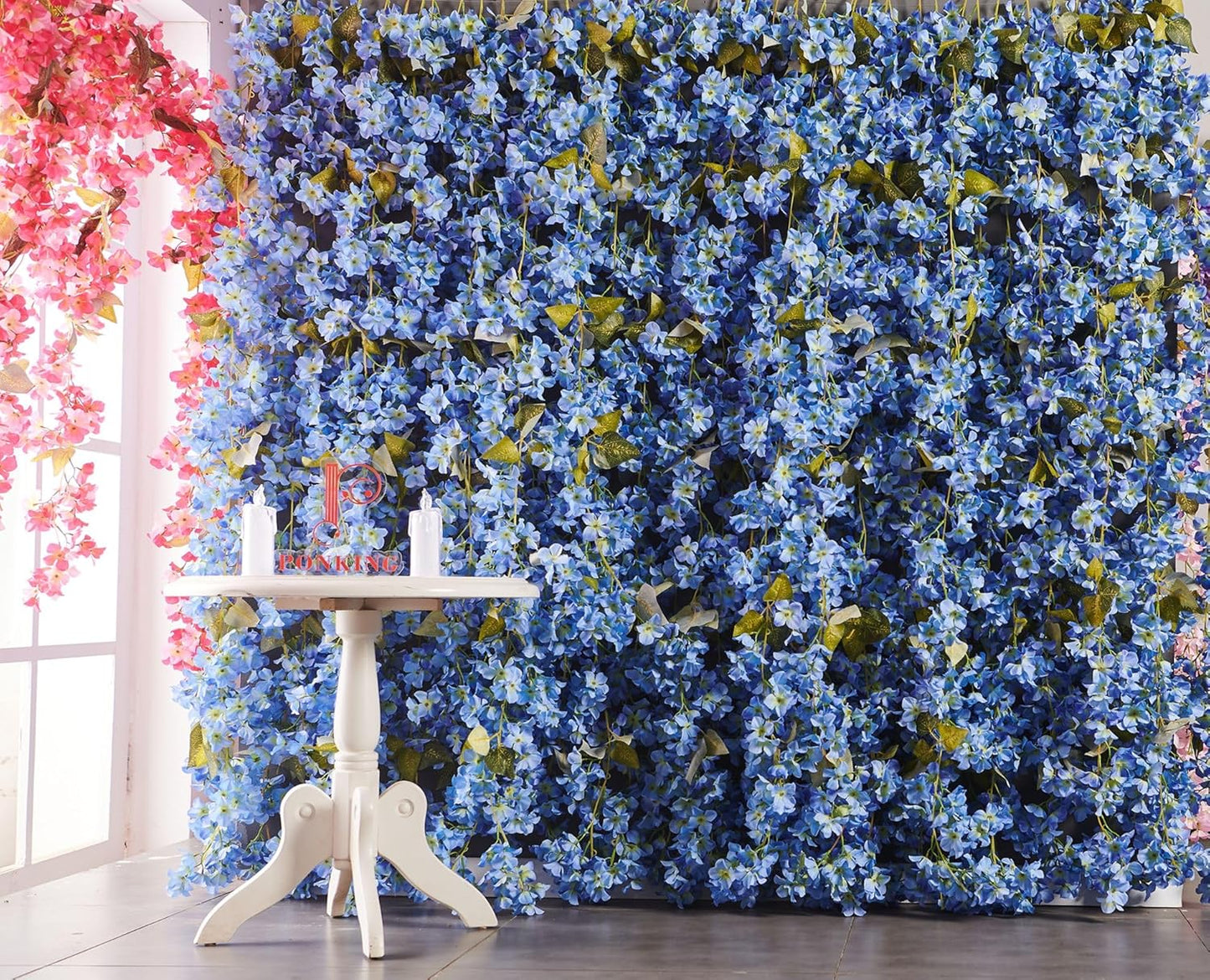 Flower Garland, Artificial Hydrangea Vine Flowers, Hanging Fake Hydrangeas Vine for Room Anniversary Wedding Birthday Christmas Wall Arch Decor, 2 Pcs, Floral Garland, Blue Flower