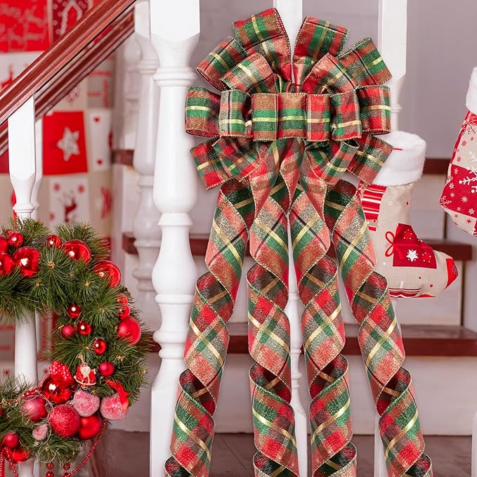 WRAPAHOLIC Large Christmas Tree Topper Bow - 13 x 52 Inch Classic Plaid Glitter Christmas Tree Topper Ribbon Bow Wreath Bows with Wired Edge for Xmas Ornament Indoor Outdoor Decoration