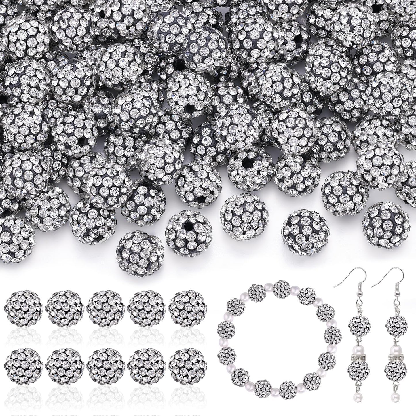 200pcs 10mm Rhinestone Beads for Jewelry Making, Black White Shiny Round Disco Ball Beads Bulk, Sparkle Crystal Clay Christmas for Bracelet Baseball Necklace Earring Crafting and DIY