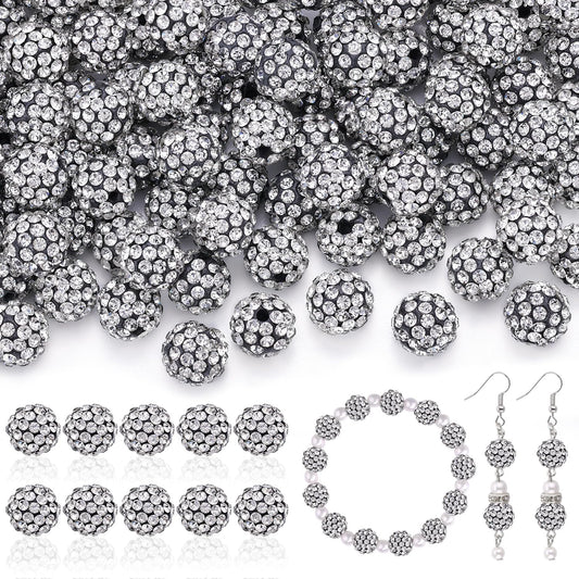 200pcs 10mm Rhinestone Beads for Jewelry Making, Black White Shiny Round Disco Ball Beads Bulk, Sparkle Crystal Clay Christmas for Bracelet Baseball Necklace Earring Crafting and DIY