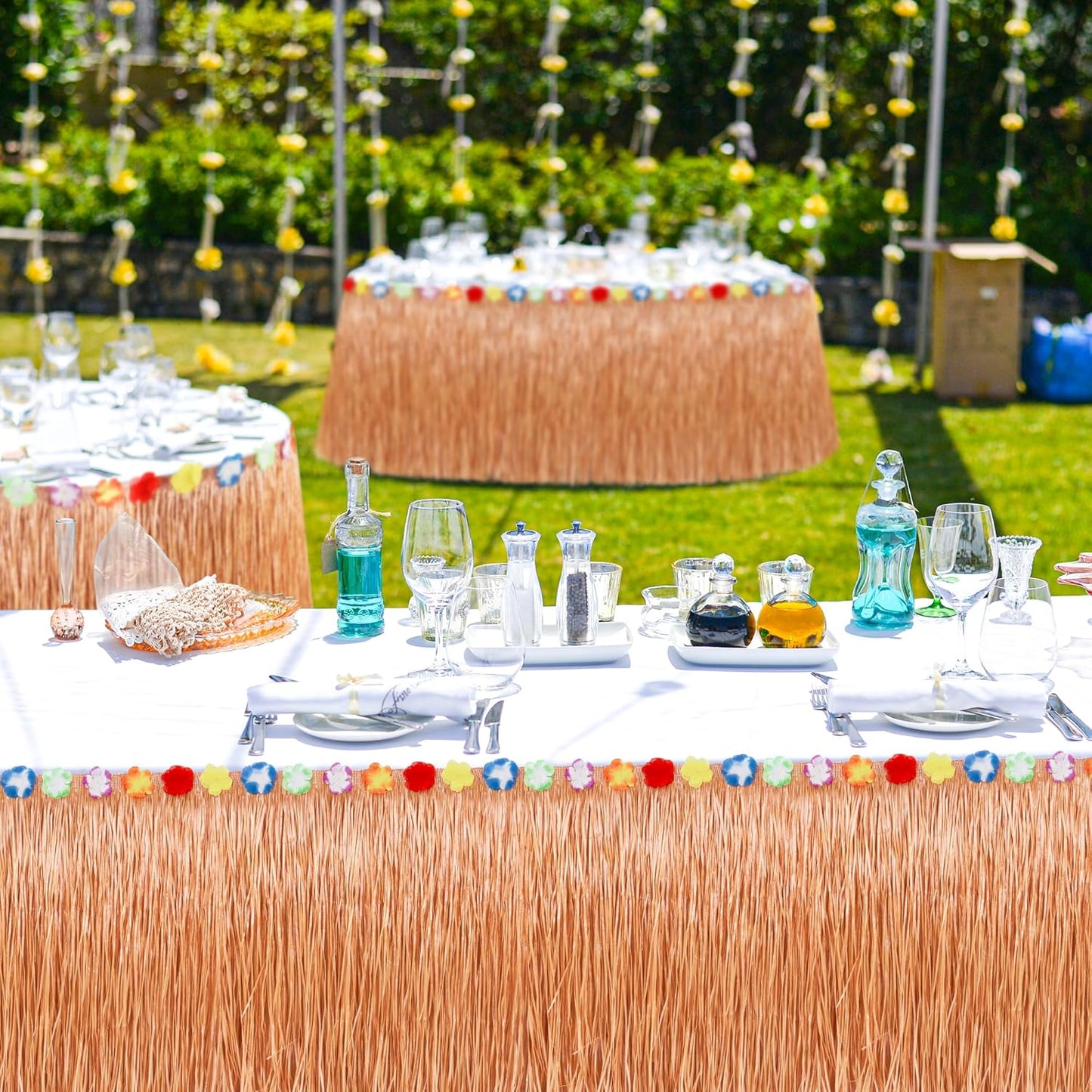 4PCS Hawaiian Table Skirt Decor, Luau Themed Grass Table Skirt Party Decorations, 108 X 29.5" Flower Tropical Hula Dance Parties Supplies, Table Skirt Bulk for Summer Beach Themed Activities