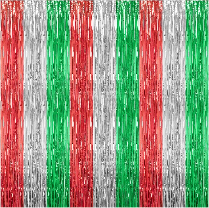 3 Pack Foil Fringe Backdrop - Shiny Tinsel Curtains for Party Decoration/Photo Booth Props - 3.3x8.2FT Metallic Foil Backdrop for Birthday, Wedding, Graduation, Christmas-Red&Silver&Green