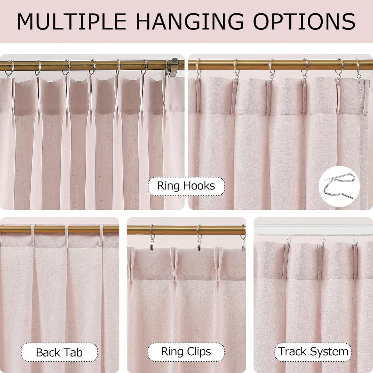 Vision Home Soft Pink Pinch Pleated Semi Sheer Curtains Textured Linen Blended Light Filtering Window Curtains 95 inch for Living Room Bedroom Pinch Pleat Drapes with Hooks 2 Panels 40" Wx95 L