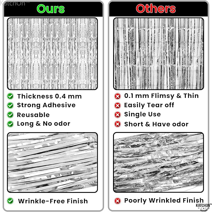 KatchOn, XtraLarge Silver Foil Fringe Curtain - 3.2x8 Ft, Pack of 2 | Streamers Backdrop for Disco Party Decorations | Silver Fringe Backdrop for Valentines, Anniversary, Disco Birthday Decorations