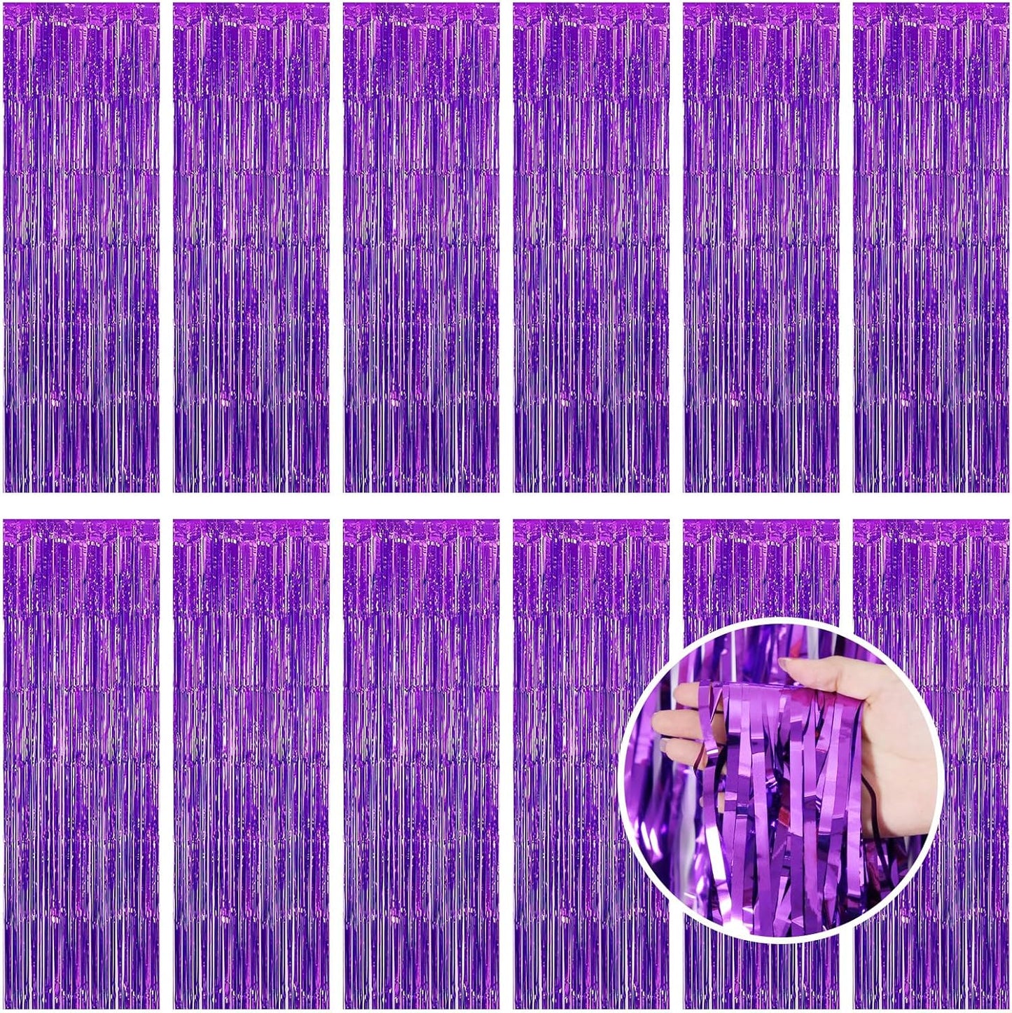 Purple Fringe Curtain Party Streamers, 12 Pack 3.3ft x 8.2 ft Foil Curtain Backdrop Tinsel Foil Fringe Curtains Photo Booth Backdrop Streamer for Birthday, Wedding, Baby Shower, Disco Party