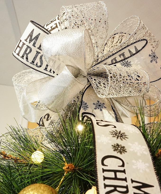 CT CRAFT LLC Silver with Black Christmas Christmas Tree Topper Bow 11" with 4 Ribbon Streamers x 3 Yards Long Each for Holidy Elegant Fancy Home Décor Indoor