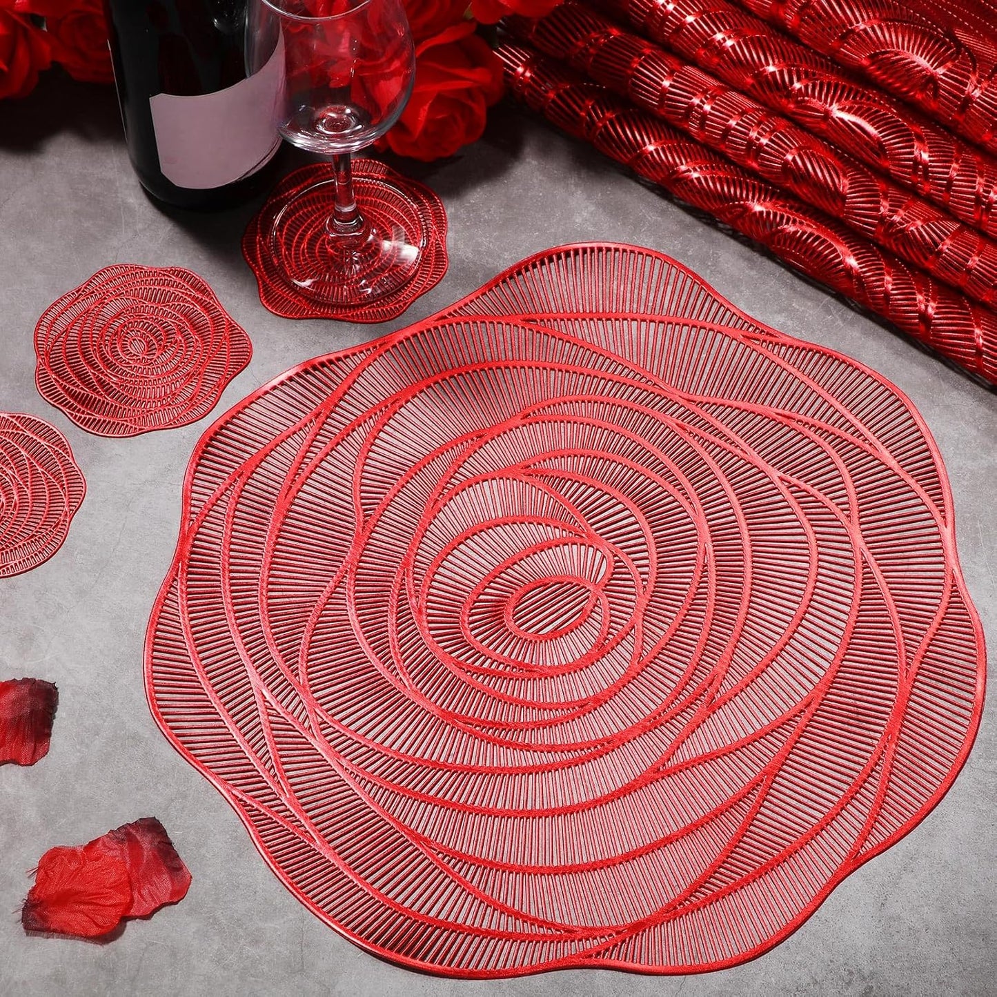 Sieral 12 Set 15 Inch Round Pressed Vinyl Placemats Hollow Out Rose Placemat Set Metallic Slip Resistant Place Mat Coaster Including Place Mats and Coasters for Wedding Dining Kitchen (Red)