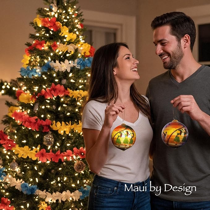 Collectible Maui Christmas Ornament - Sunset Hula Hand Painted from Inside Collectible with Gift Box SH/M