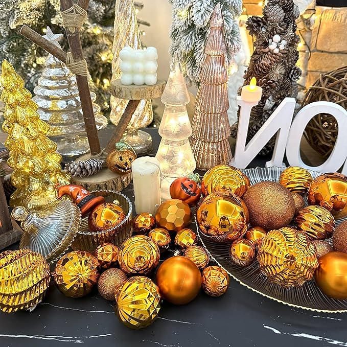 XmasExp 16ct Christmas Ball Ornaments Set Yellow Shatterproof Xmas Tree Hanging Decorations for Fall Thanksgiving Holiday Decor (Orange, 3.15“)