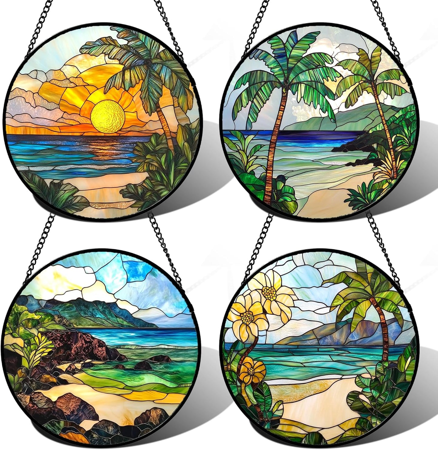 Stained Glass Window Hanging 4 Pcs Set Blue Ocean Coconut Tree Scenery 6.3" - Suncatcher Door Garden Sun Catcher Decor Birthday Christmas for Mom Woman Nana Men