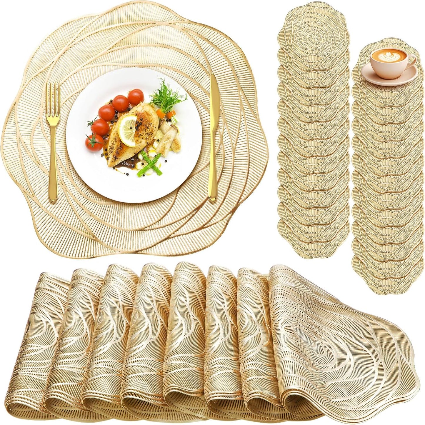 Sieral 24 Set 15 Inch Round Pressed Vinyl Placemats Hollow Out Rose Placemat Set Metallic Slip Resistant Place Mat Coaster Including Place Mats and Coasters for Wedding Dining Kitchen (Gold)