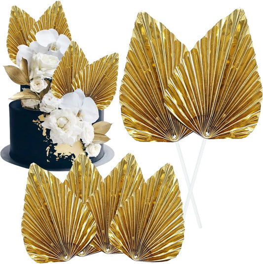 Gyufise 6Pcs Paper Palm Fan Cake Toppers Palm Spear Leaves Fan Cupcake Toppers Cake Insert Decorations Craft DIY Cake Bakeware Decoration for Birthday Party Wedding Party Decor Supplies Light Gold