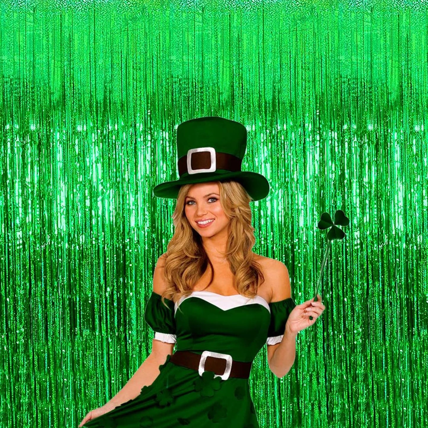 4 Pack Green Tinsel Foil Fringe Curtain Backdrop, 3.28Ft x 8.2Ft Metallic Streamers for Photo Booth Props Wedding Bridal Shower Bachelorette Birthday Carnival Easter Mother’s Day Party Decoration