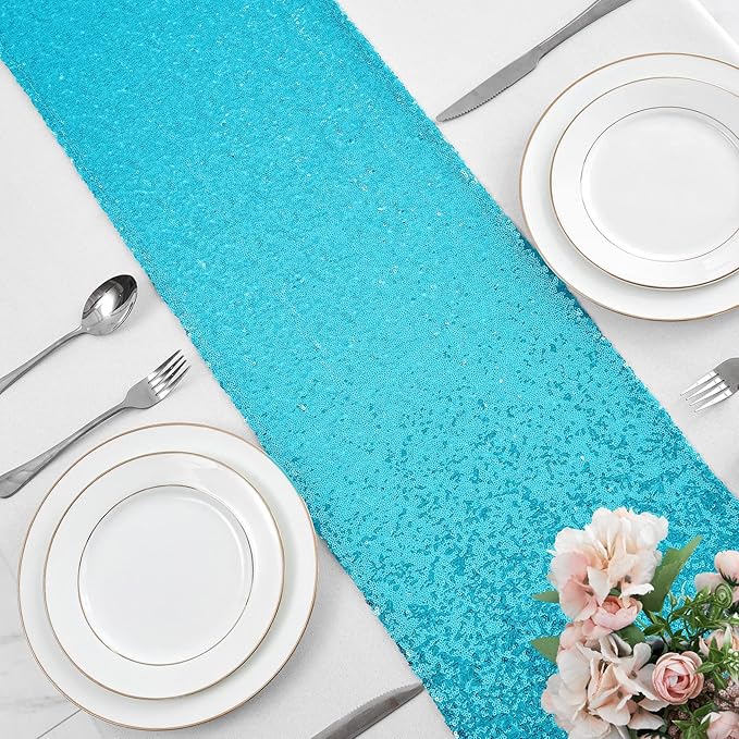 6 Packs 12 x 72 inches Turquoise Sequin Table Runner, Glitter Runner for Birthday Party Supplies Decorations Wedding Bachelorette Holiday Celebration Bridal Shower Baby Shower