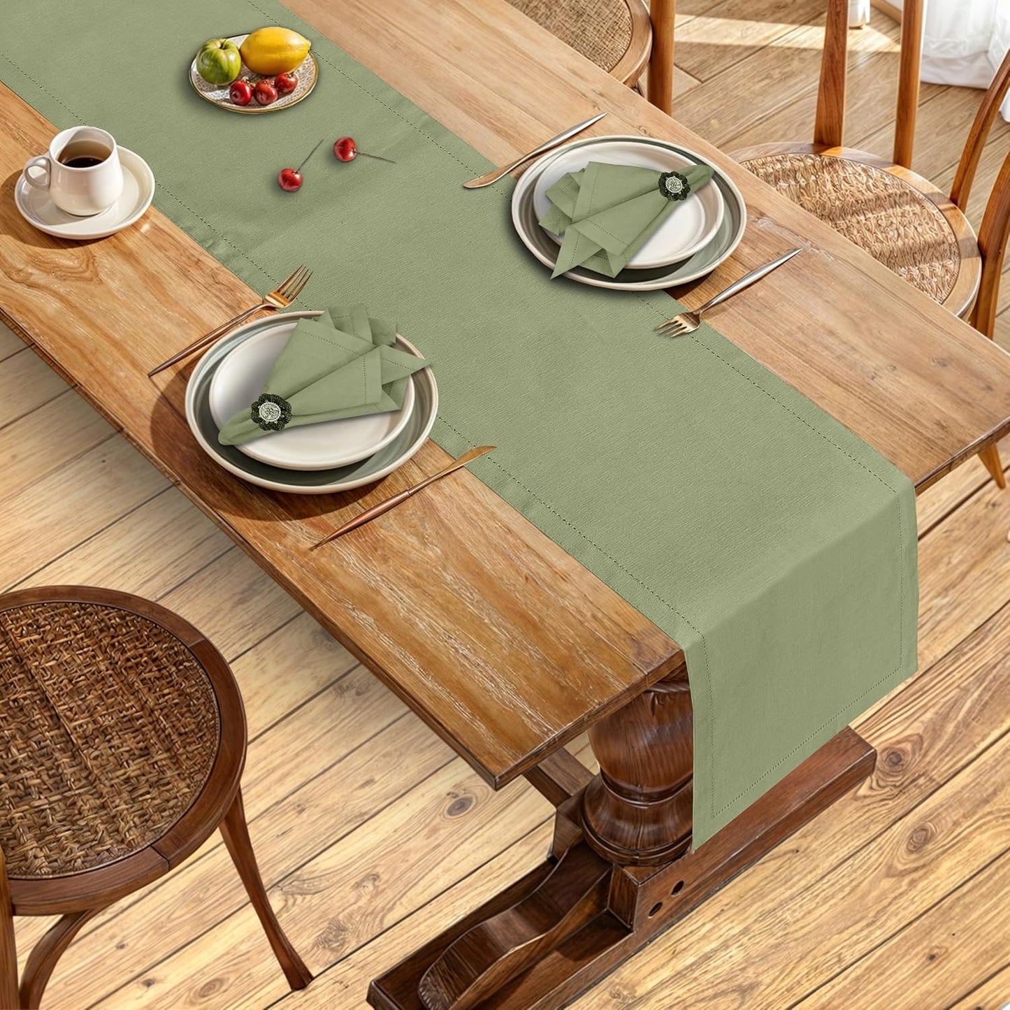 Ruvanti Linen Table Runner 90 Inches, Classic Hemstitch, Washable, Reusable, Non-Slipping, Stain Resistant- Perfect for Parties, Weddings, Dinners, Thanksgiving, Christmas, Indoor use – Olive