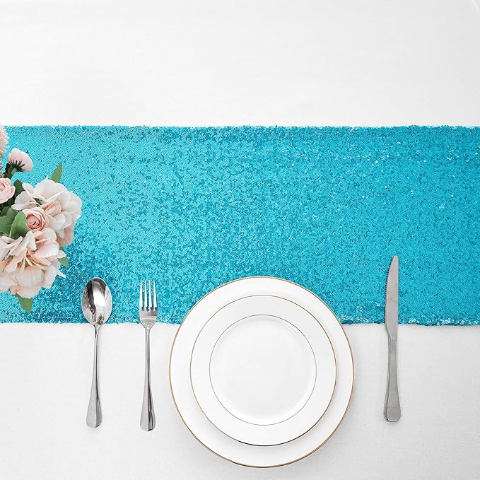 6 Packs 12 x 72 inches Turquoise Sequin Table Runner, Glitter Runner for Birthday Party Supplies Decorations Wedding Bachelorette Holiday Celebration Bridal Shower Baby Shower