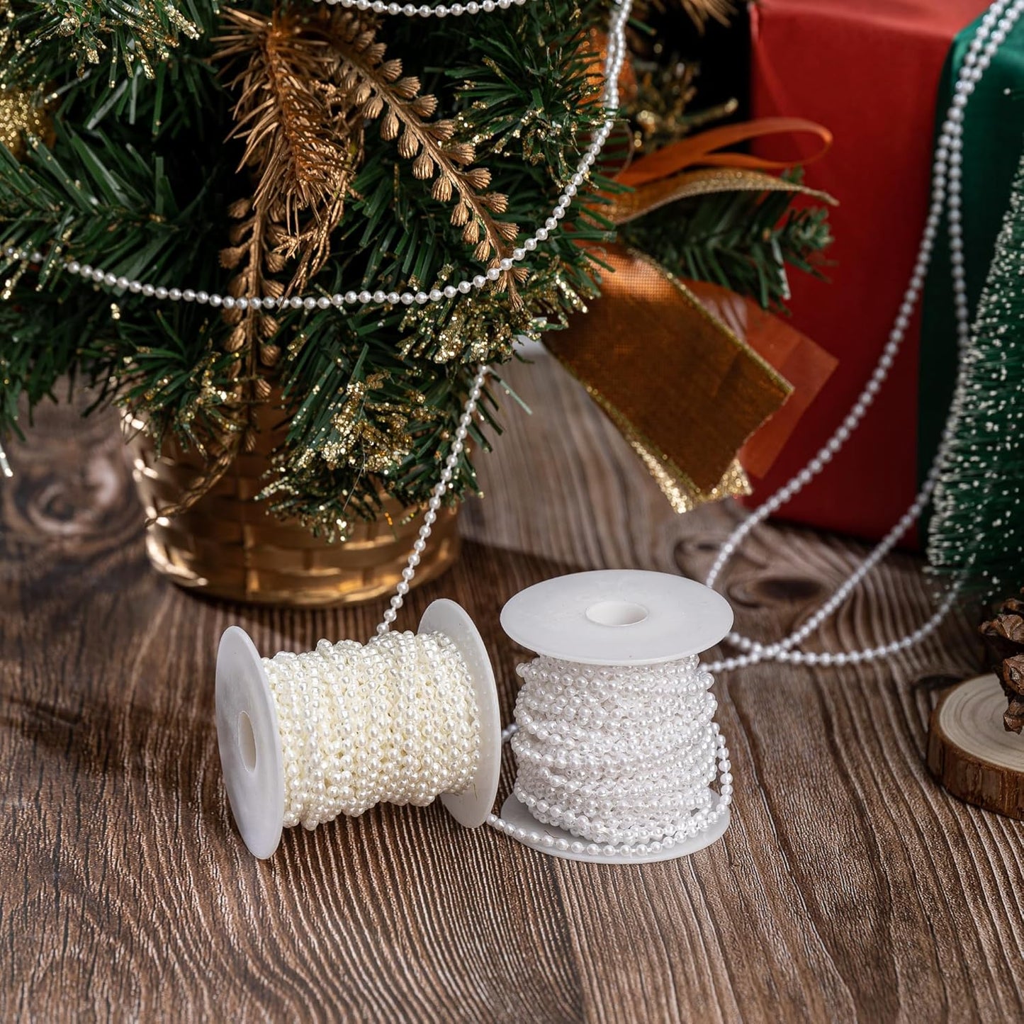 3mm Millet Beads Crafts Faux Pearl Beads Garland Pearl Bead Roll Strand of Pearls to Decorate Floral Centerpieces Wedding Party Favor Christmas Tree(33 Feet Ivory)