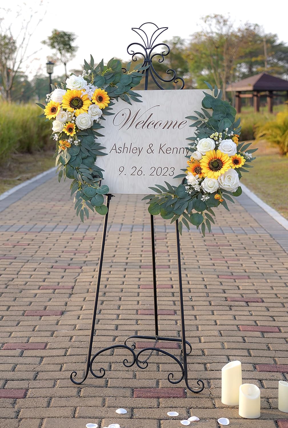 Ponatia Artificial Wedding Arch - Flowers (Pack of 2), White & Sunflowers for Wedding Welcome Signs and Ceremony Decorations