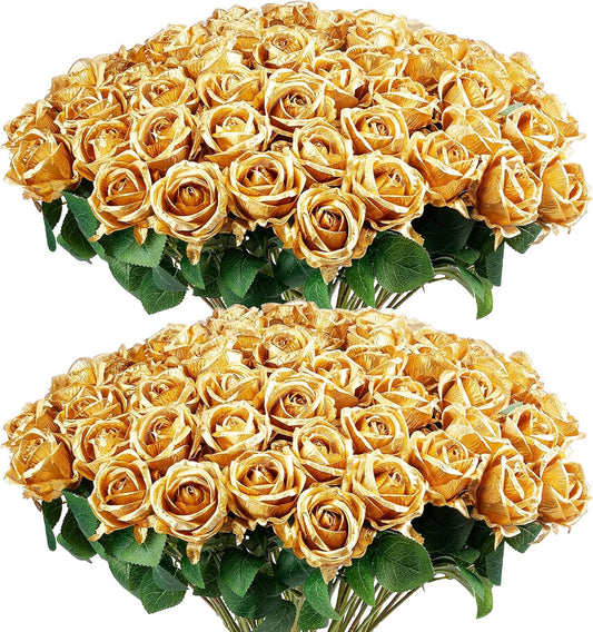 Auihiay 60PCS Gold Rose Artificial Flowers, Faux Silk Roses, Realistic Roses Bouquet for Anniversary, Baby Shower, Birthday, Graduation, Table Centerpieces, Cake Flower, Valentine's Day Decorations