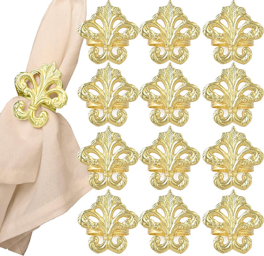 Lightweight Metal Napkin Rings Set of 12 - Fleur-de-Lis Napkin Holders for Dining Table, Weddings, and Special Events - Elegant Table Décor for Home & Restaurants (Gold) - CLEENTABLE