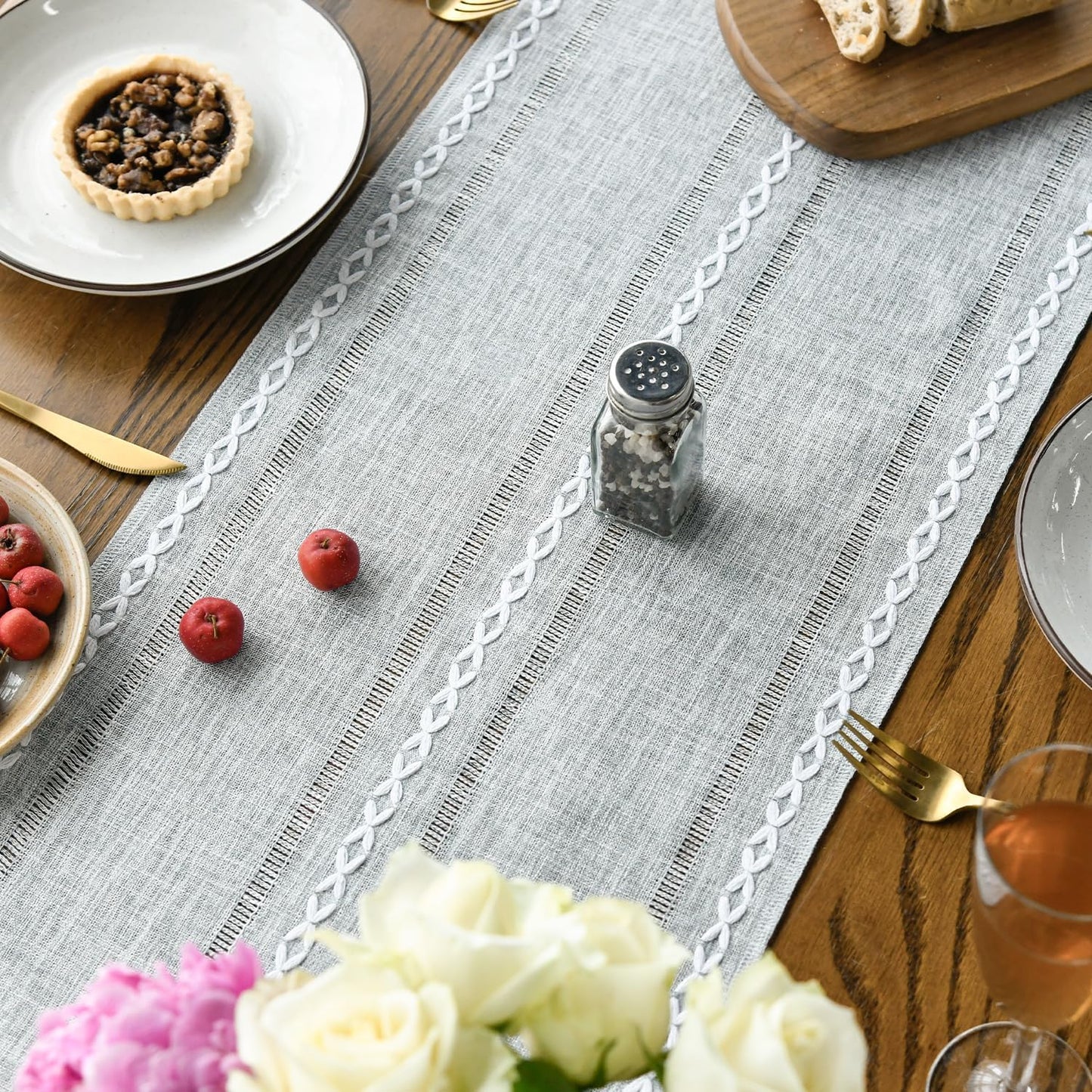 Artoid Mode Grey Rustic Cotton Linen Table Runner, Seasonal Embroidered Hollow Kitchen Dining Table Decoration for Home Party Decor 13x36 Inch
