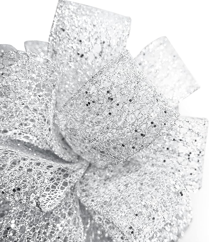 CT CRAFT LLC Silver Glitter Mesh Christmas Tree Topper Bow 11" with 4 Ribbon Streamers x 3 Yards Long Each for Holidy Elegant Fancy Home Décor Indoor