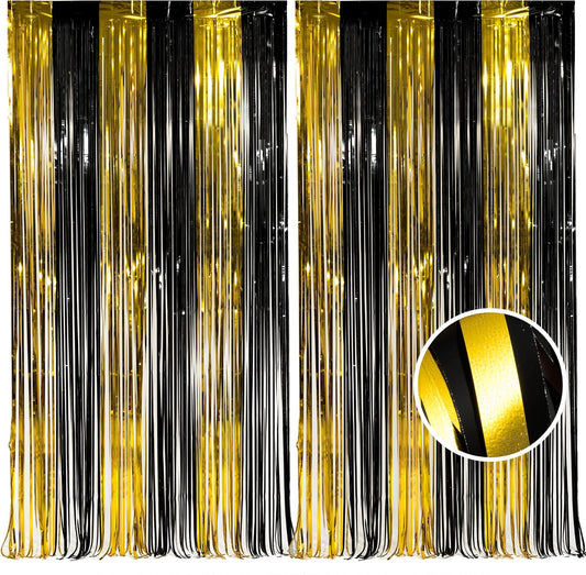 BRAVESHINE 3.2 x 8.2 ft Black Gold Foil Fringe Curtains - 2 Pack Metallic Photo Booth Streamers Backdrop for Boy Men Birthdays/New Years/Graduates/Homecoming/Farewell/Prom/Ramarak Party Decorations