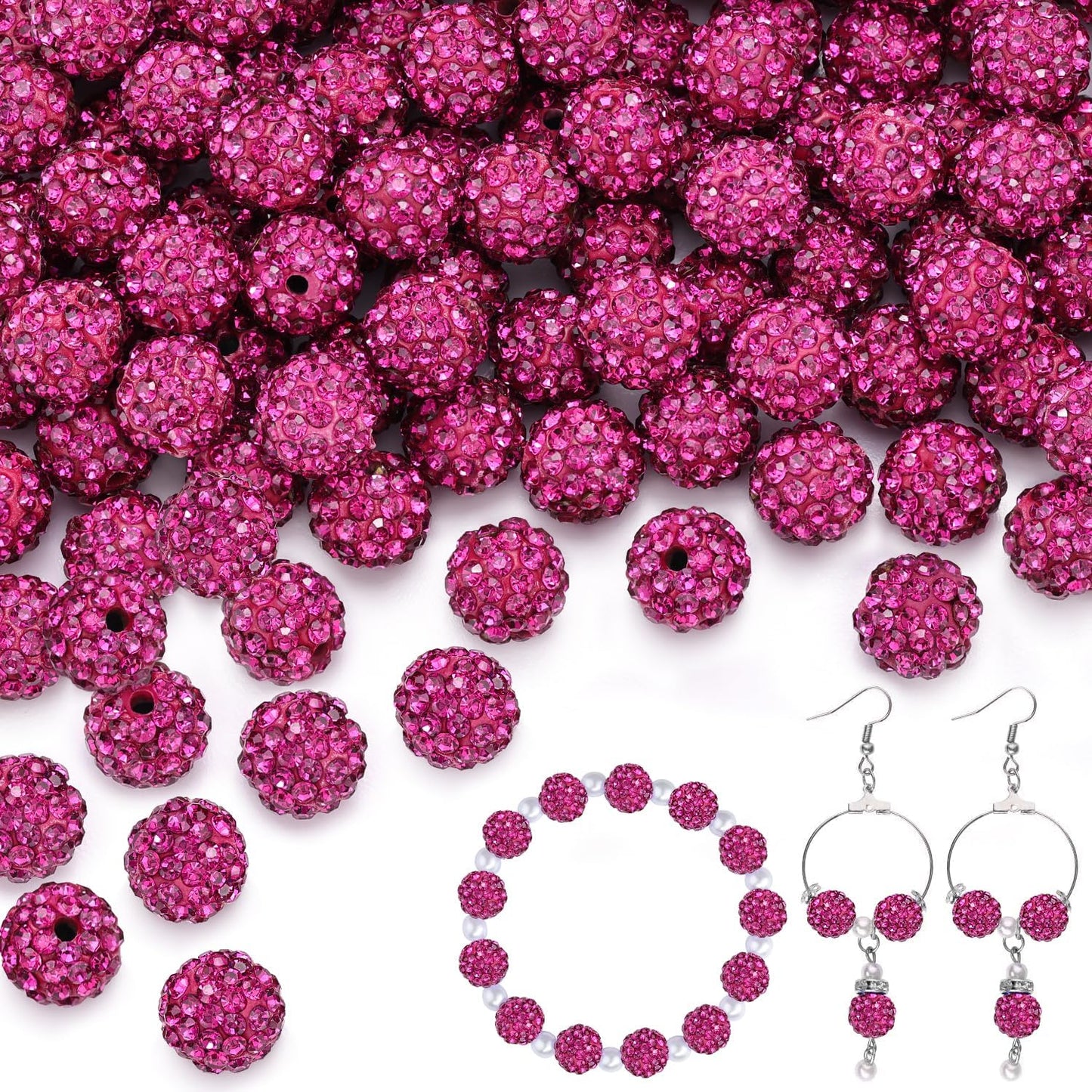 200pcs 10mm Fuchsia Rhinestone Beads for Jewelry Making, Shiny Round Shamballa Disco Ball Beads Bulk, Sparkle Crystal Clay Christmas for Bracelet Baseball Necklace Earring Crafting and DIY