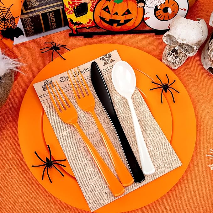 NOCCUR 180PCS Christmas Plastic Silverware Set - Tricolor Flatware Disposable Supplies Include 60 Black Knives, 60 Orange Forks, 60 White Spoons - Ideal for Thanksgiving Party