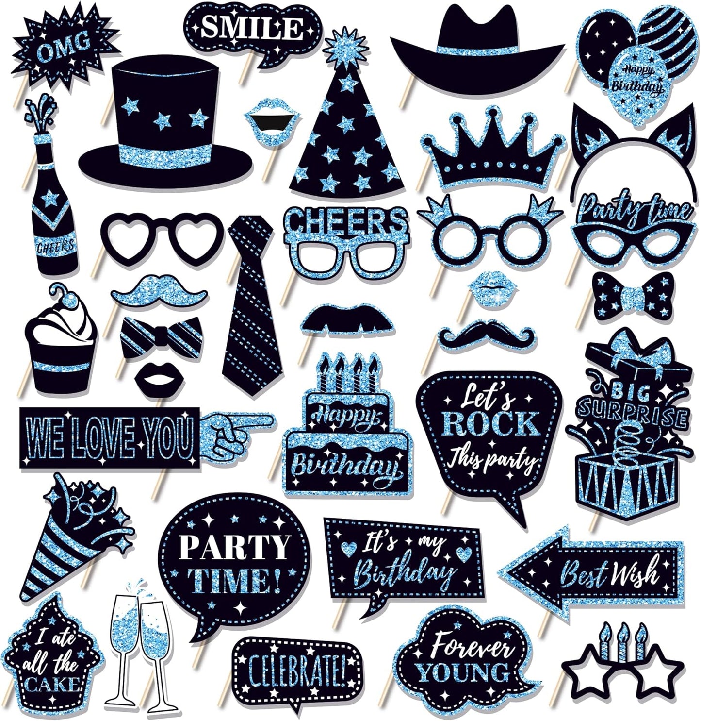 36 PCS Birthday Photo Booth Props Party Supplies Holiday Picture Decorations Photo Booth Props for Birthday Party Favors Pose Sign Kit Fun for Party (Black and Blue)