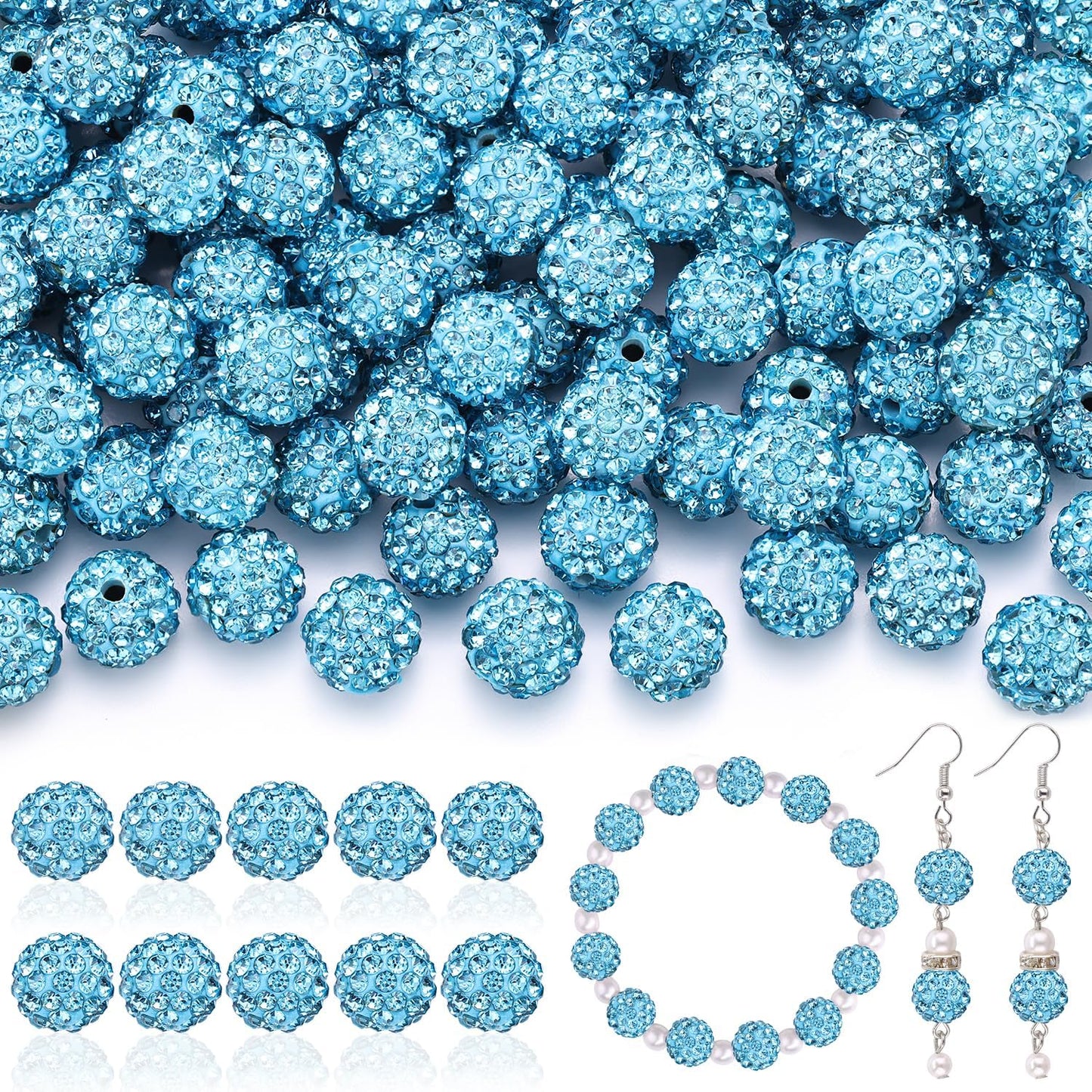 105pcs 10mm Rhinestone Beads for Jewelry Making, Aquamarine Shiny Round Disco Ball Beads Bulk, Sparkle Crystal Clay Christmas for Bracelet Baseball Necklace Earring Crafting and DIY