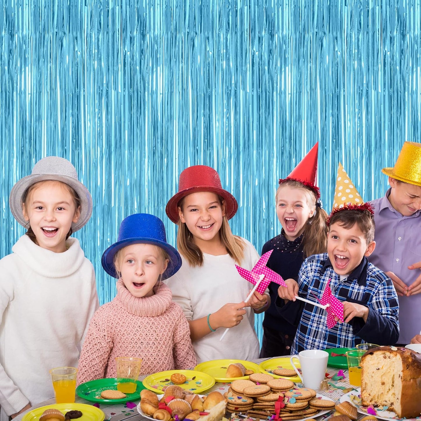 2 Pack Backdrop Curtains, 3.28 Feet x 7.05 Feet Sky Blue Tinsel Backdrop, Metallic Fringe Curtains Foil Tinsel Party Streamer, Winter Backdrop Happy Birthday Party Supplies